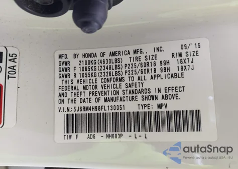 2015 Honda Cr-V Touring из США, поврежденный, VIN 5J6RM4H98FL130051